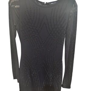 Blesh Womens Black Beaded Studded Mesh Long Sleeve Mini Bodycon Dress Size M NWT